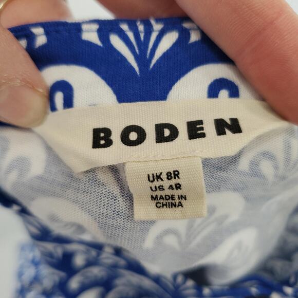 Boden Dress Womens 4 Blue White Button Front Long Sleeve A-Line Scallop Print - Picture 3 of 12